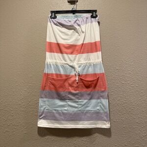 Women Striped Strapless Tube Dress Drawstring Waist Pockets Small Summer Spring